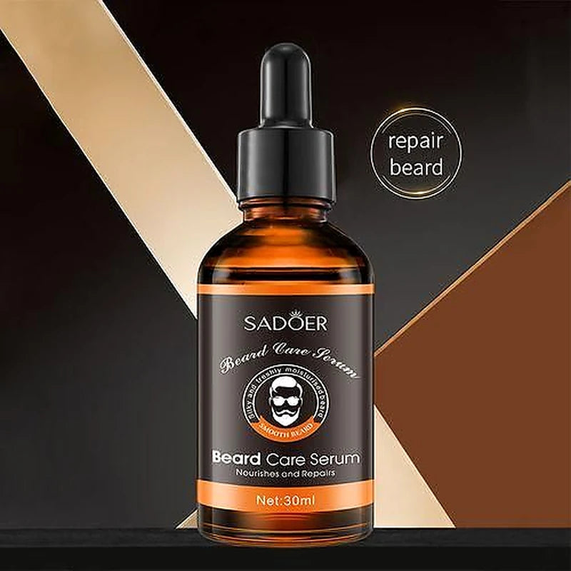 Sadoer beard care serum bottle with dropper on a dark background