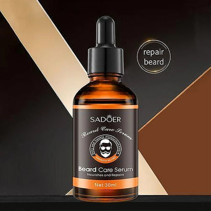 Sadoer beard care serum bottle with dropper on a dark background