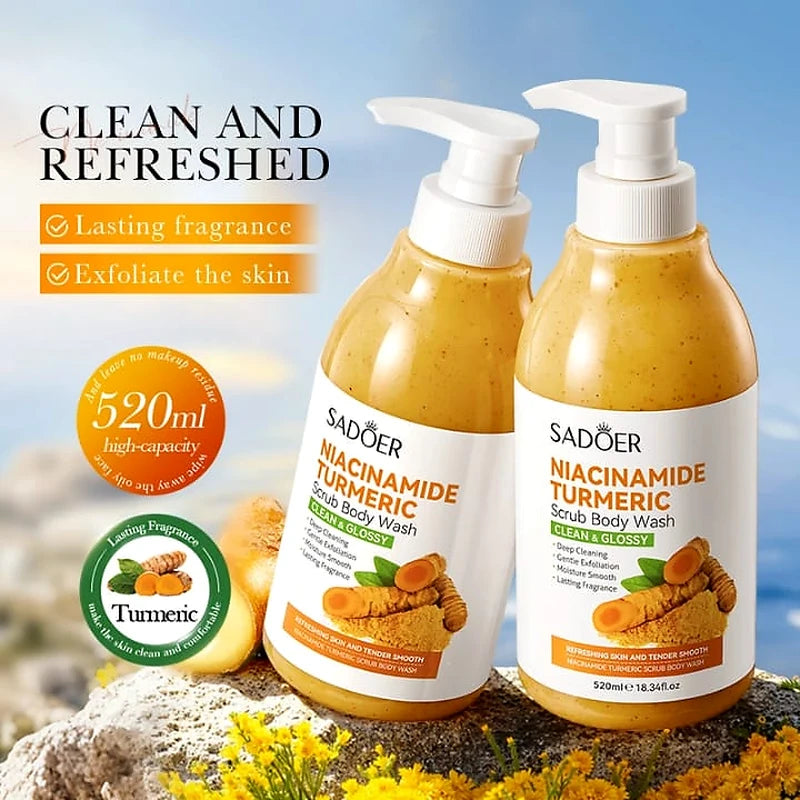 Two bottles of SADOER Niacinamide Turmeric scrub body wash with a scenic background.