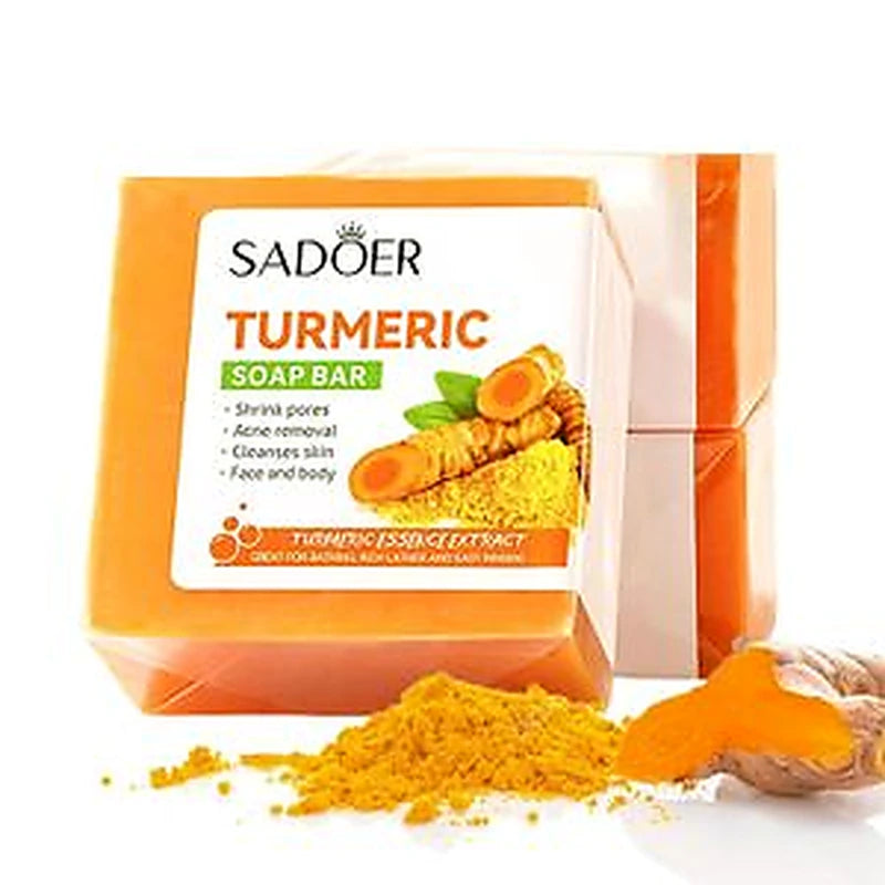 Sadoer Turmeric Soap Bar with packaging and turmeric powder on a white background