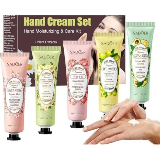 SadoerHand Cream Set â€“ 5pcs Moisturizing Hand Lotion with Plant Extracts (Avocado, Rose, Sakura, Olive, Chamomile) for Dry Skin Care