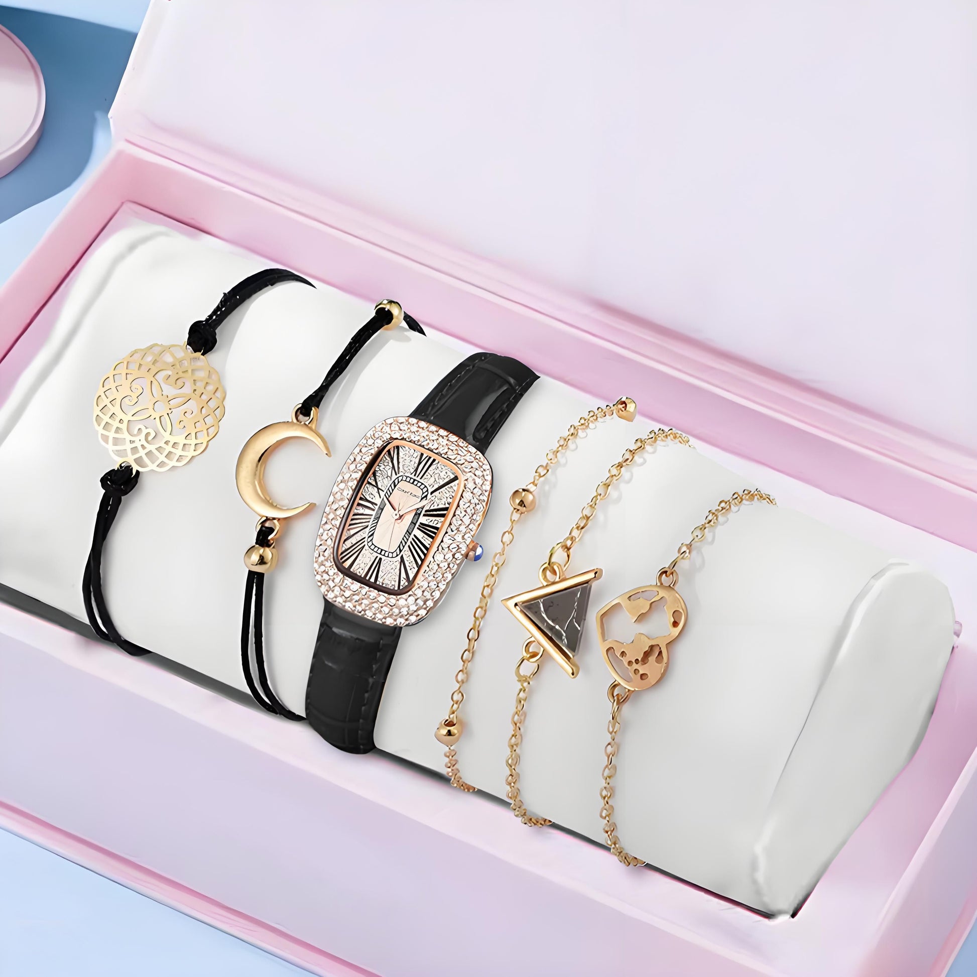 UPHUI 6PCS Women Watch Set Full Diamond Leather Strap Square Watch Women's Watches Luxury Timetable Quartz Fashion Watch Female Wrist Wstch Clock