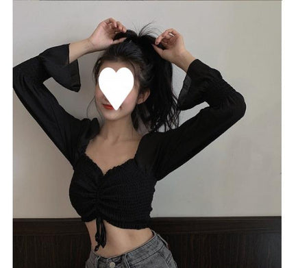 Women Tops And Bloues Sexy Women Long Sleeve Square Neck Shirt Drawstring Off Shoulder Blouse Crop Top