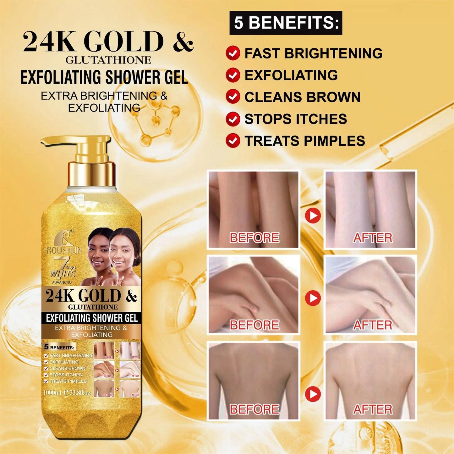 ROUSHUN Body Wash 24K and Glutathione Whitening Shower Gel 1000ml Removes Acnes Clear Pimples Cleans and Hydrates Glow and Shine 24K and Glutathione Scrub Shower Cream 1000 ml Body Washe
