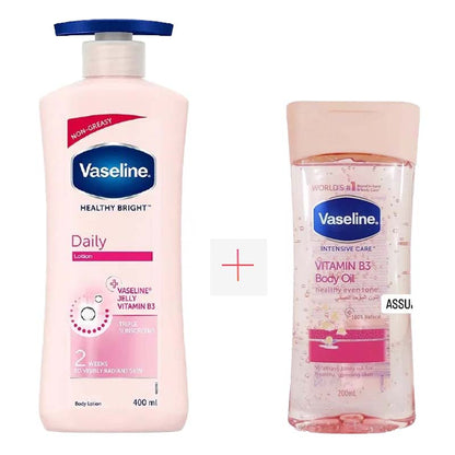 2 Packs Vaseline Daily Brightening Even Tone Body Lotion 400ml + 200ml Oil for Glowing Skin, with Vitamin B3 & Triple Sunscreens-For Radiant Looking Skin in 2 Weeks Vaseline Body Lotion Vaseline Oil