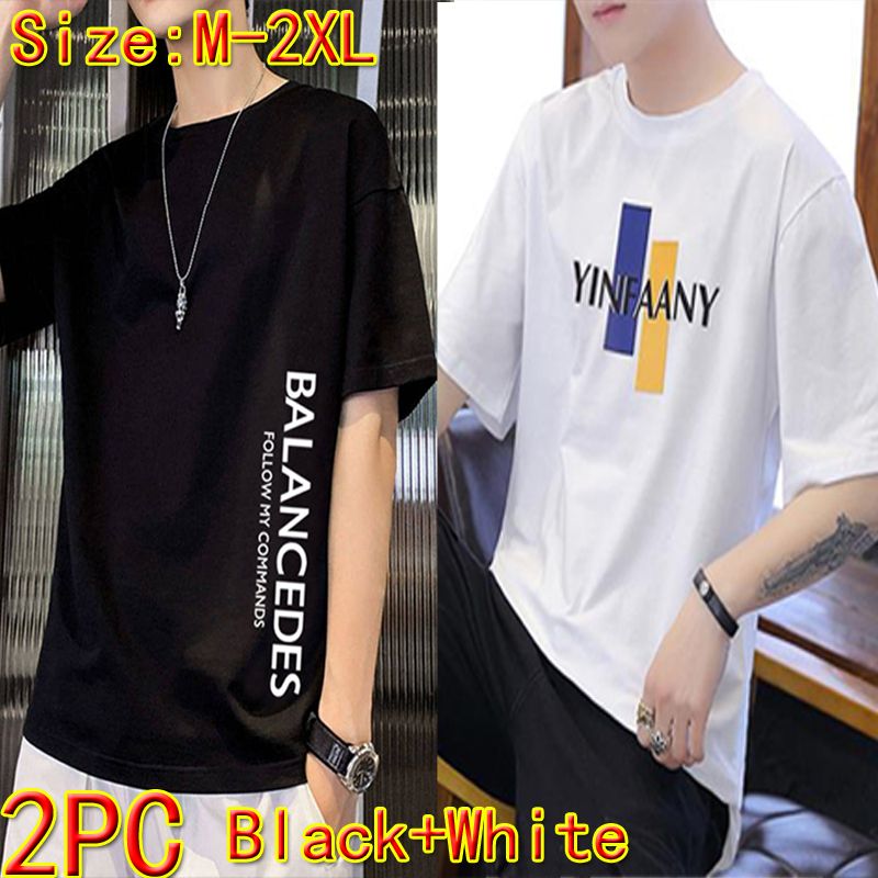 Size M -2XL 2PC men's clothes students white+black short sleeve clothing boys casual round neck slim T-shirt youth tops