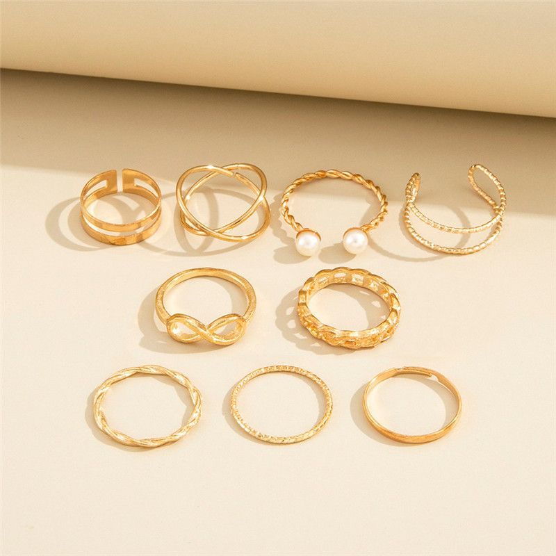 ZHJH 9PCS Ring Set Bohemian Style Inlaid Pearl Joint Ring 8-character Geometric Hollow Design Combination Ring Set Daily Wear Festival Set