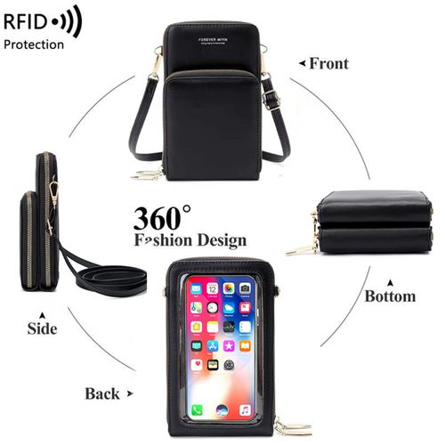 Ladies Mobile Phone Bag PU Wallet Crossbody Bag Black Purse Mini Bag