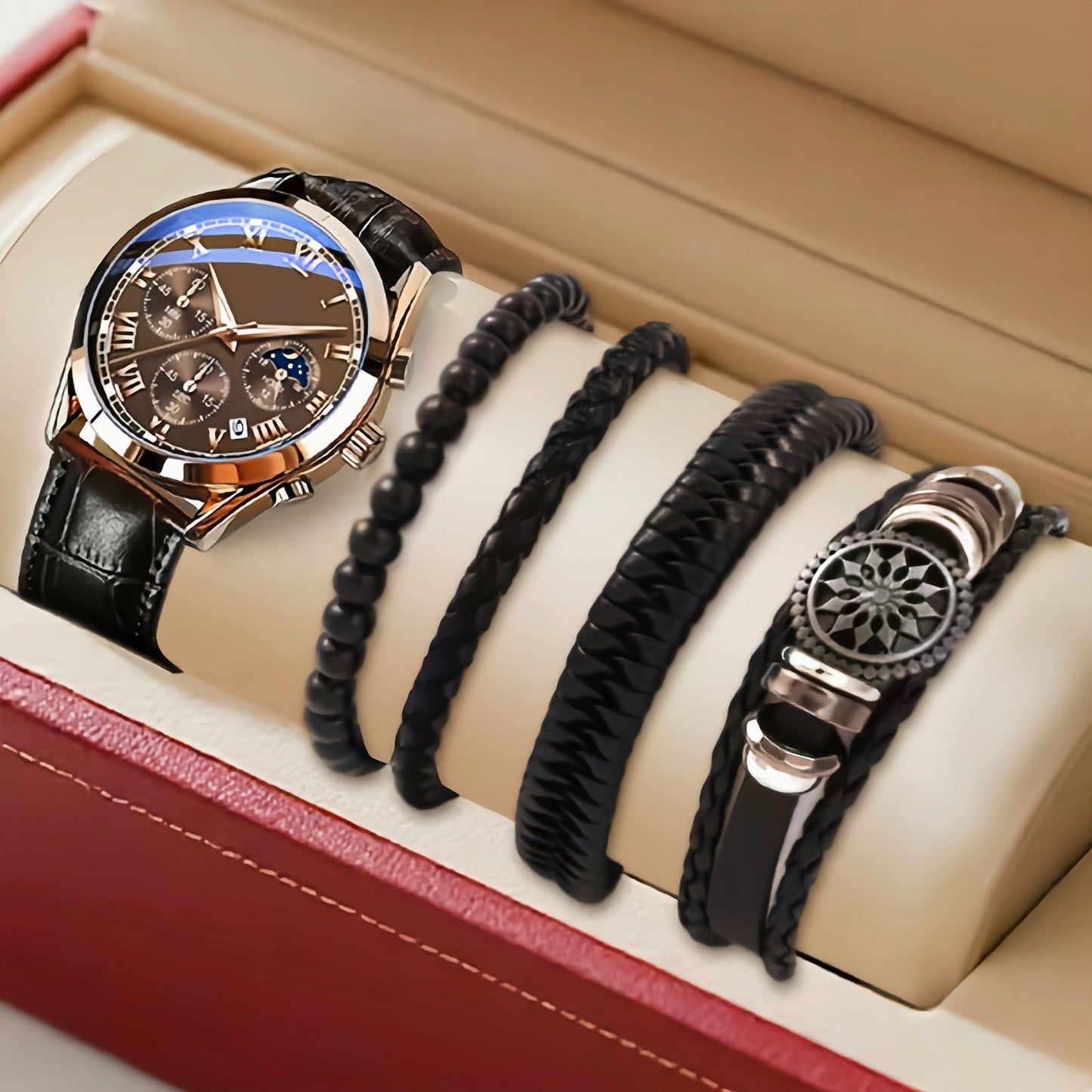 5PCS Men's Watch Set Men's Watch And 4PCS Bracelet Calendar Sports Business Quartz Steel Strip Watch Men's Sports Watch Men's Wrist Watch Three Eyelid Strap Watch Bracelet Set For Daily Wear