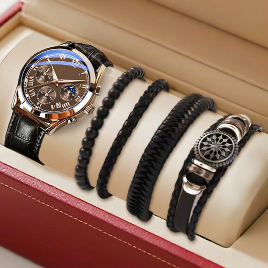 5PCS Men's Watch Set Men's Watch And 4PCS Bracelet Calendar Sports Business Quartz Steel Strip Watch Men's Sports Watch Men's Wrist Watch Three Eyelid Strap Watch Bracelet Set For Daily Wear