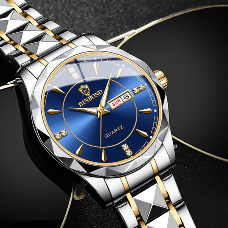 BINBOND Fashion Men's Watch Stainless Steel Top Brand Luxury Waterproof Men Double Calendar Quartz Watch