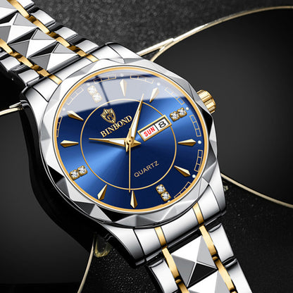 BINBOND Fashion Men's Watch Stainless Steel Top Brand Luxury Waterproof Men Double Calendar Quartz Watch