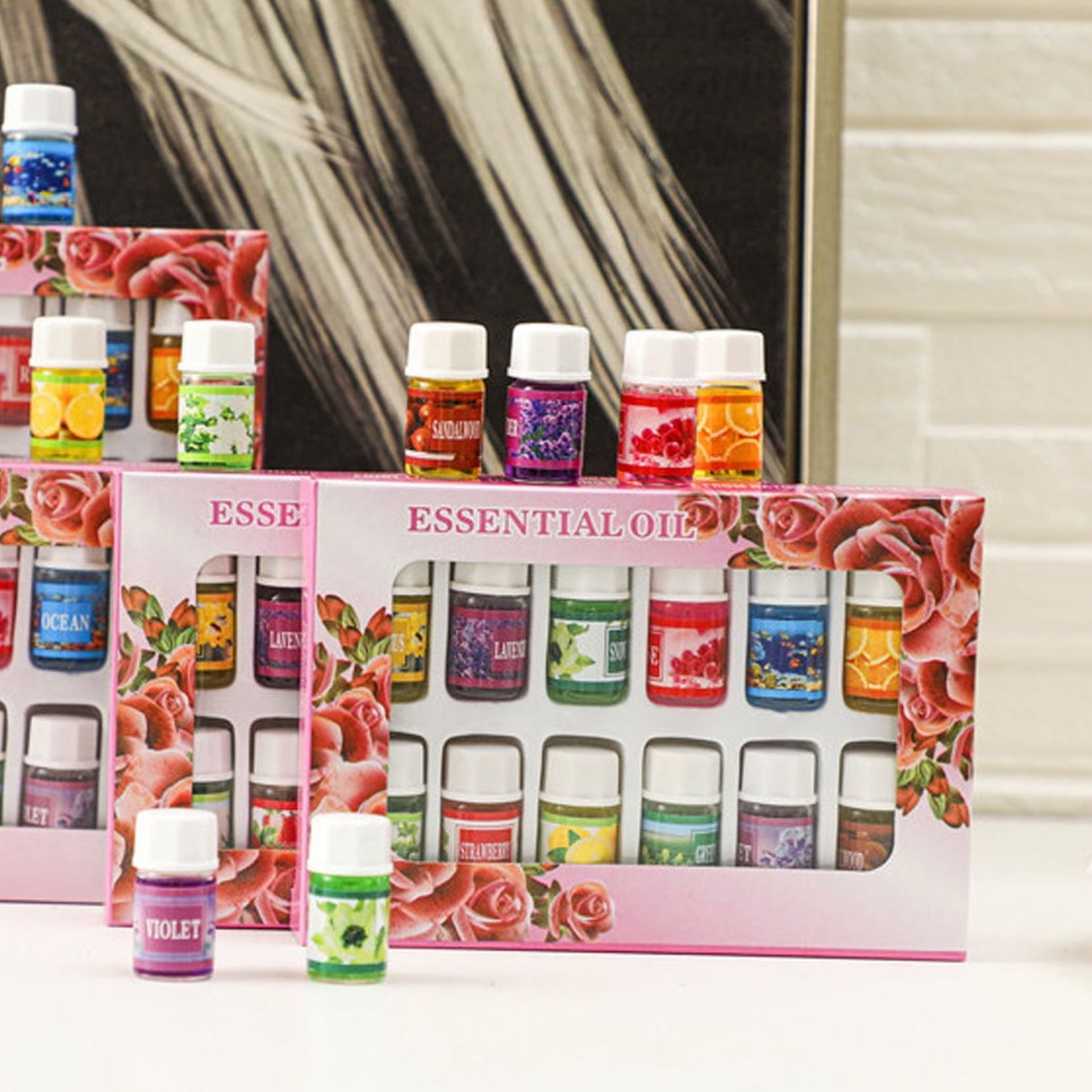 12 pcs Essential Oil Set for diffuser, humidifier, Aromatherapy Scents: Lavender Violet Green Tea Rose Sandal wood Snow Lotus Jasmine Orange Ocean Lemon Osmanthus Strawberry