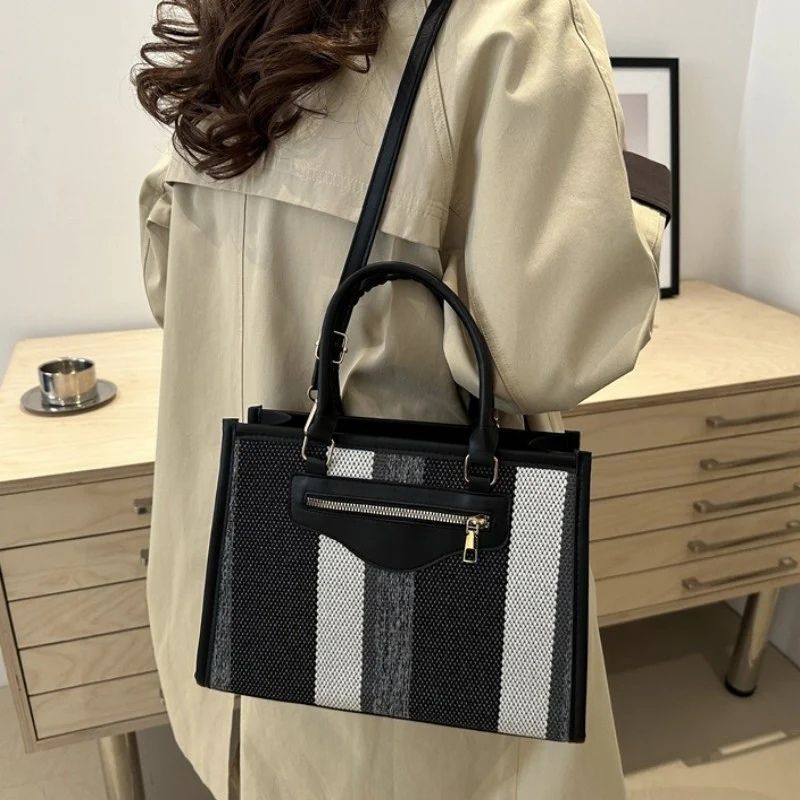 Mateamoda Elegant Striped Tote Bag with Rich Leather Accents Crossbody Bag Underarm Handbag