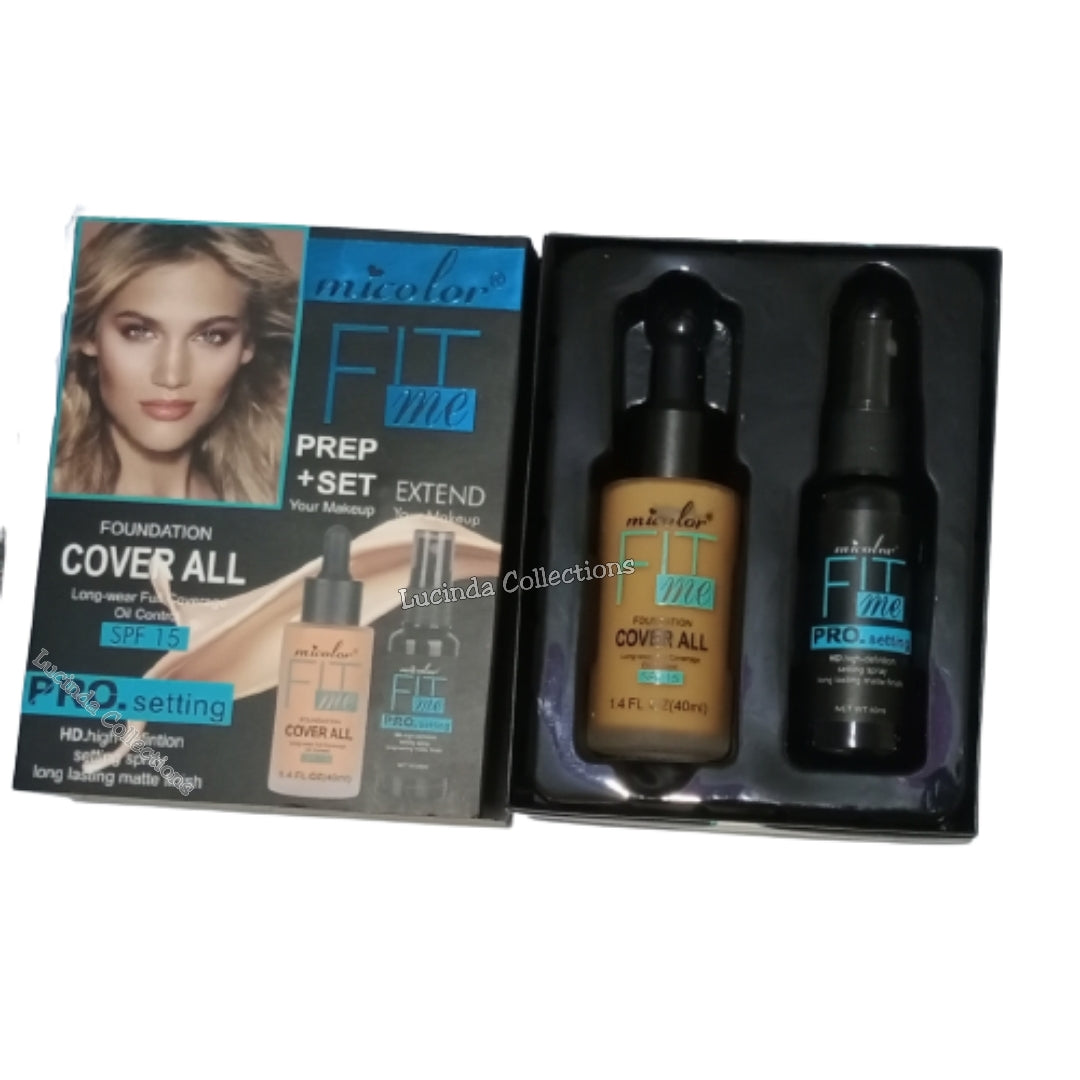 Micolor Fit Me 2 In 1 Prep Set - Cover All Foundation + Pro. Setting Spray Fix Makeup Set