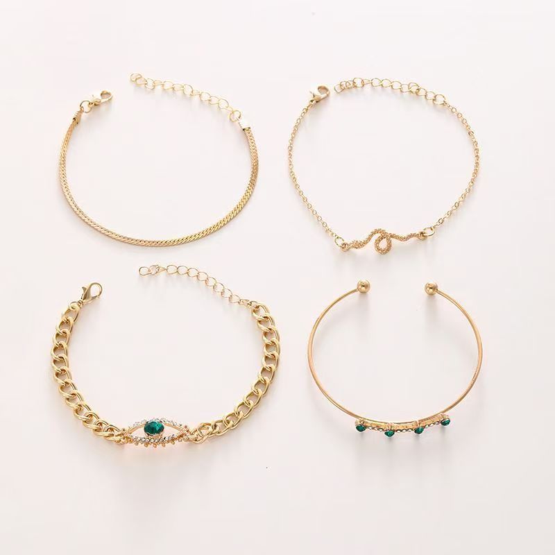 4PCS Bracelets For Women Retro Inlaid With Green Diamonds Bracelet Vintage Chain Link Adjustable Women Jewelry Set Jewelry Gift for Girls