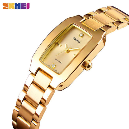 SKMEI Women Watch Rectangle Dial Elegant Quartz Japanese Lady Wristwatches Golden Stainless Steel Bracelet Watches