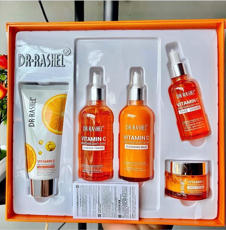 5 Pack Dr Rashel Vitamin C Serum, Toner, Facial Cleanser, Cleansing Milk Skin Care 5 Items, Contains Hyaluronic Acid, Anti Aging and Collagen Essence ( Pack Of 5 Piece Set ) Dr. Rashel Skin Care Set