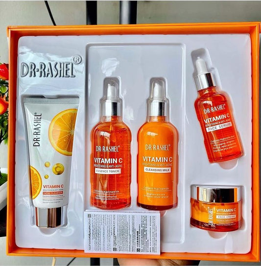 5 Pack Dr Rashel Vitamin C Serum, Toner, Facial Cleanser, Cleansing Milk Skin Care 5 Items, Contains Hyaluronic Acid, Anti Aging and Collagen Essence ( Pack Of 5 Piece Set ) Dr. Rashel Skin Care Set