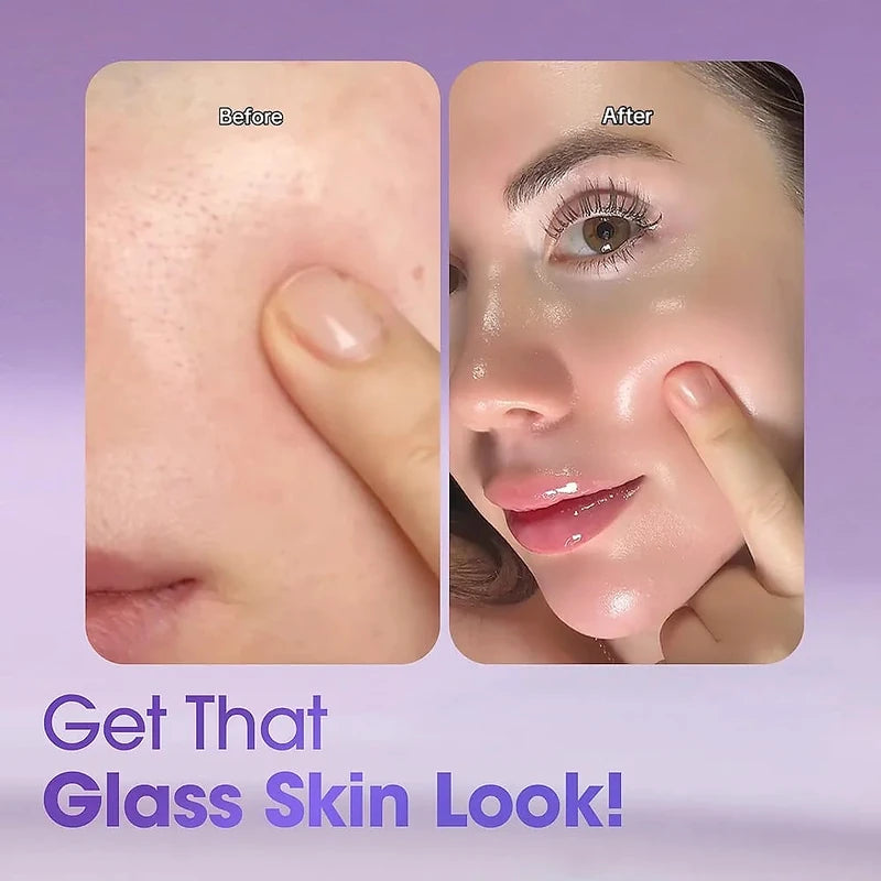 Before and after comparison of skin treatment with text 'Get That Glass Skin Look!' on a purple background.