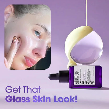 Skincare product with dropper and packaging on a purple background, featuring a close-up of skin.