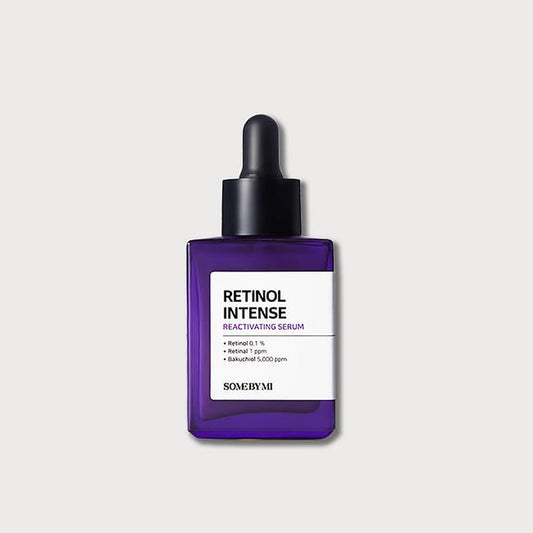 Retinol intense reactivating serum bottle with dropper on a light gray background