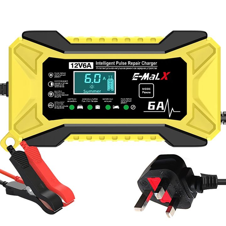 12V 6A Car Battery Charger Fully Automatic Intelligent Pulse Car Motorcycle Ship Battery Charger Pulse Repair LiFePO4 14.6V Smart Fast Charge AGM Deep Cycle GEL Lead-Acid Charger For Auto Motorcycle