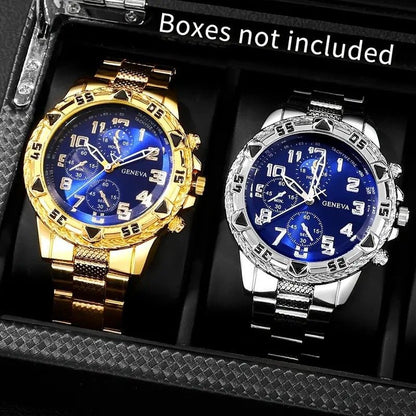 4Pcs/Set Fashion Watch Bracelet Necklace Ring Set Men Watches Men's Watches Quartz Business Watches Male Wrist Watch Men Light Luxury Business Watches Jewelry