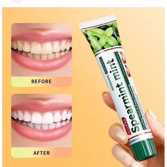 Spearmint mint refreshing toothpaste , helps clear coffee/smoke stains