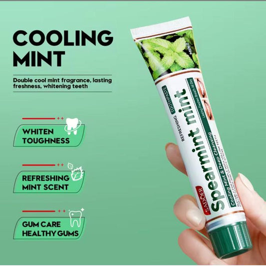 Spearmint mint refreshing toothpaste , helps clear coffee/smoke stains