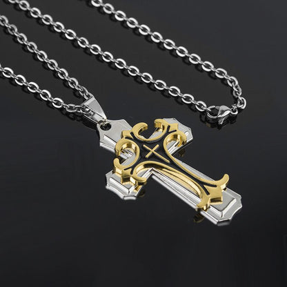 New two-layer oil drip personalized gold black cross men's titanium steel chain pendant necklace