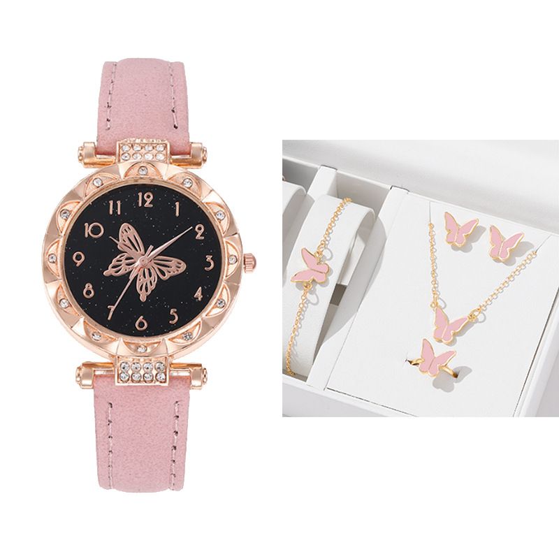 6PCS Women's Watch Earrings Rings Necklace Bracelet Set Ladies' Butterfly Jewelry Set Women's Wristwatch Leather Strap Quartz Watch Ladies' Butterfly Watch Set