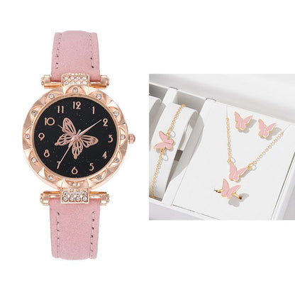 6PCS Women's Watch Earrings Rings Necklace Bracelet Set Ladies' Butterfly Jewelry Set Women's Wristwatch Leather Strap Quartz Watch Ladies' Butterfly Watch Set