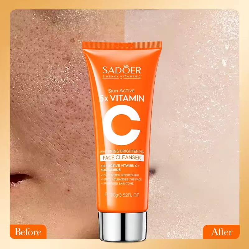Sadoer 2 in 1, Skin Active 5 X Vitamin C Serum + Vitamin C Face Cleanser + with Added Niacinamide for Whitening Black Spots and Blemisshes, Deep Moisturizing, Skin Nourishing
