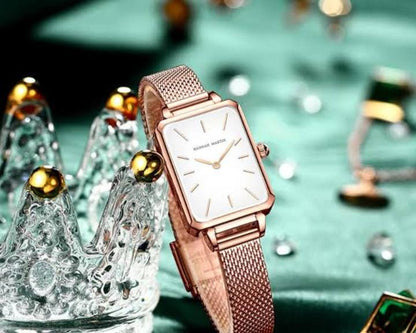 Hannah Martin HM-1241 Rectangular Watch – 34 mm Ultra-Slim Rose-Gold Alloy Case, Mesh Bracelet, Japanese Quartz Movement, 3 ATM Water-Resistant Fashion Timepiece