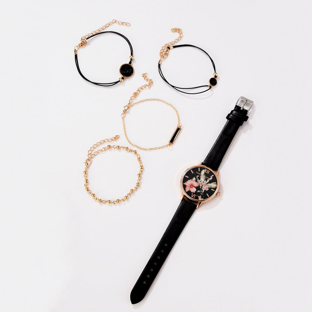 Lvpai 5pcs set Women Watches Bracelet Black Ladies Bracelet Flowers Butterfly Dial Women Watches Leather Band Watch Casual Leather Quartz Wristwatch Gift For Girlfriend