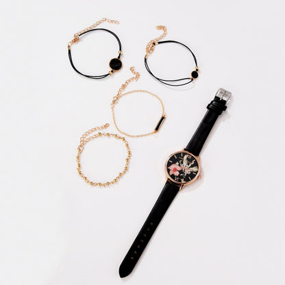 Lvpai 5pcs set Women Watches Bracelet Black Ladies Bracelet Flowers Butterfly Dial Women Watches Leather Band Watch Casual Leather Quartz Wristwatch Gift For Girlfriend