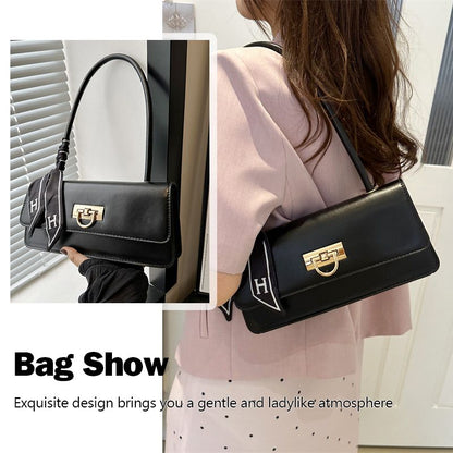Ladies Underarm Bag Women Handbag Black PU Bag Ribbon Decoration Small Bag Phone Bag