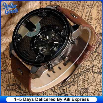 Creative Men's Watch Sashion Large Dial European And American Style Sports Watch Genuine Leather Strap Quartz Watch Business Watch