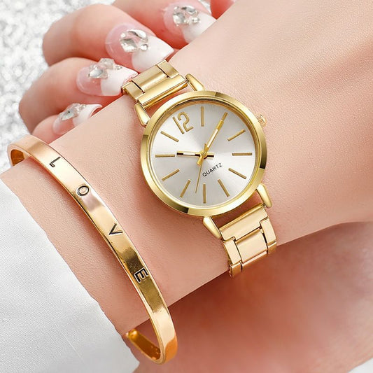 Ladies Fashion Simple Digital Alloy With Quartz Watch Bracelet 2pcs Set Luxury Women Simple Dial Ladies Watches