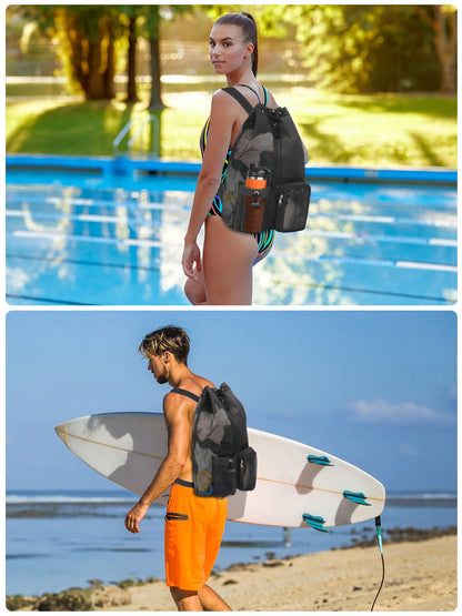 Swim Bag Mesh Drawstring Backpack with Wet Dry Pocket, Mesh Equipment Bag for Men Women Swimming, Gym, Beach and Workout Gear