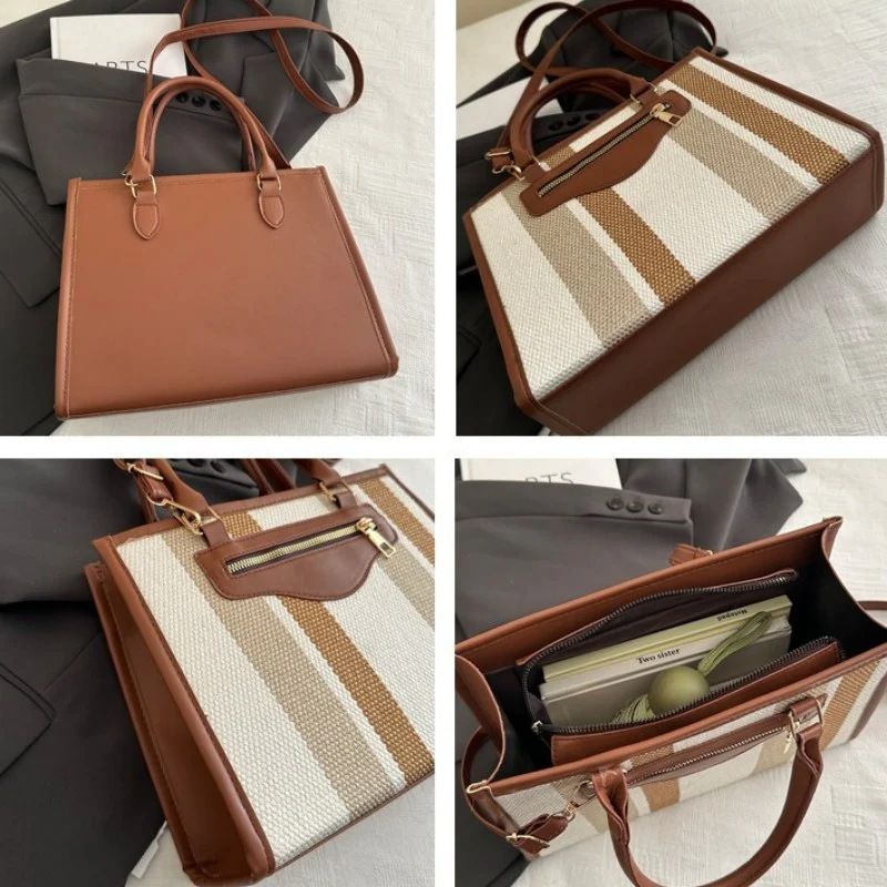 Mateamoda Elegant Striped Tote Bag with Rich Leather Accents Crossbody Bag Underarm Handbag