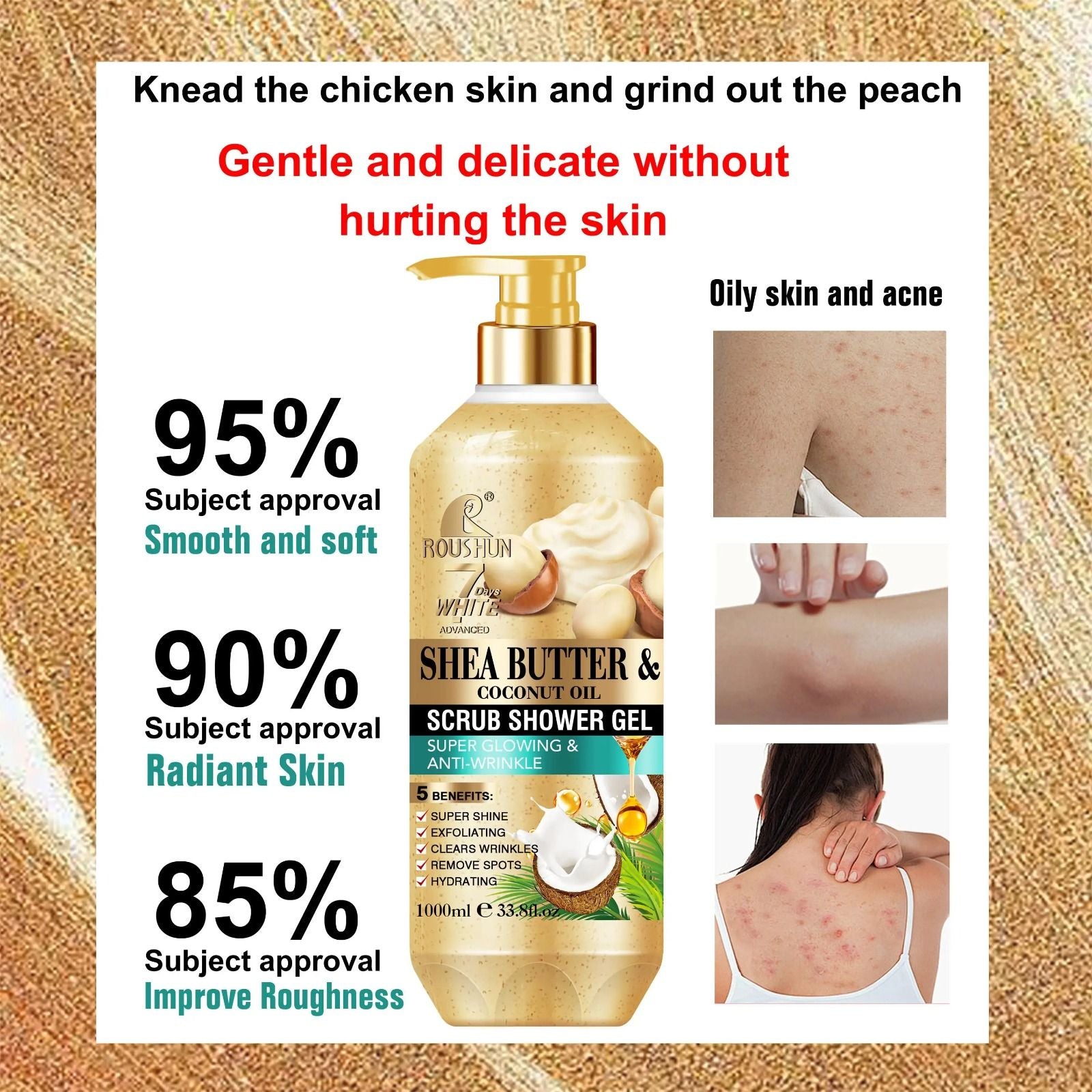 ROUSHUN Shea Butter & Coconut Oil Scrub Shower Gel Super Glowing & Anti-wrinkle Good Quality 1000ml Removes Acnes Clear Pimples Cleans and Hydrates Glow and Shine