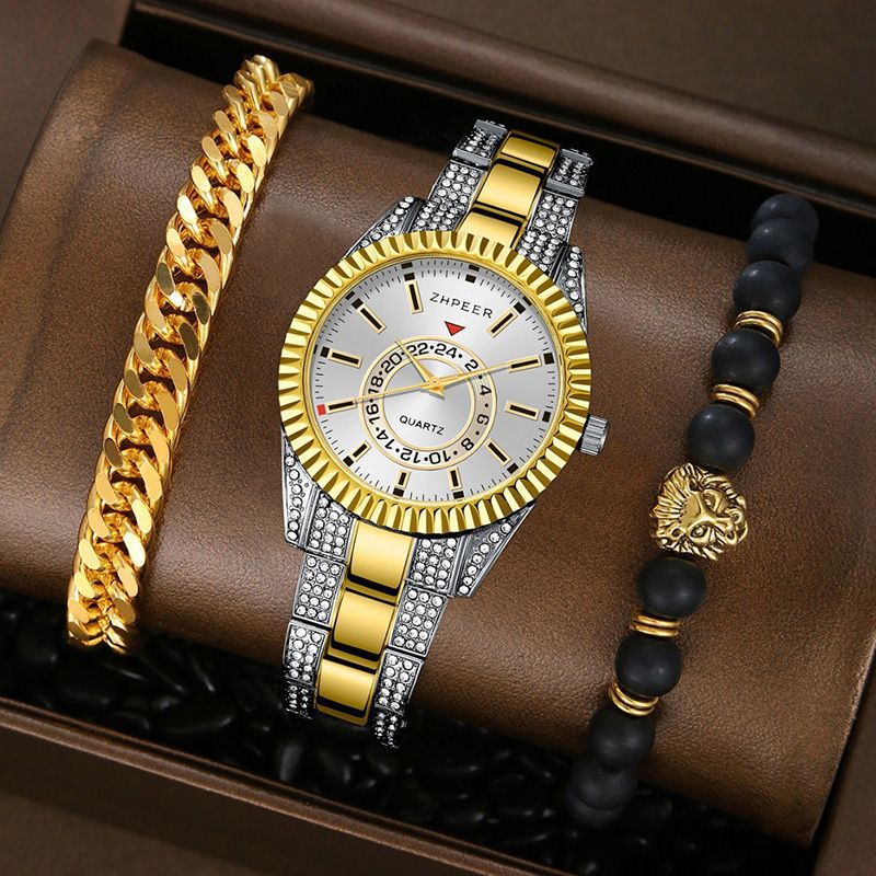 3PCS Set Fashion Mens Calendar Watches Men Business Stainless Steel Quartz Wristwatch Male Casual Necklace Bracelet Watch