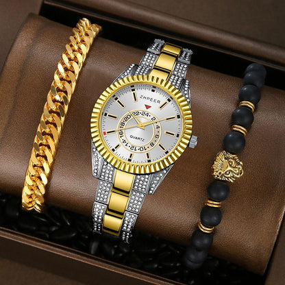 3PCS Set Fashion Mens Calendar Watches Men Business Stainless Steel Quartz Wristwatch Male Casual Necklace Bracelet Watch