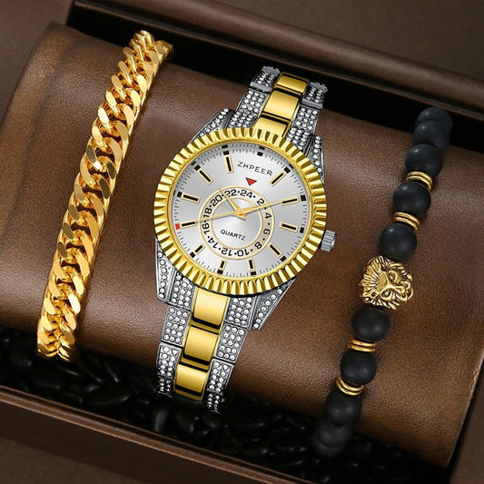 3PCS Set Fashion Mens Calendar Watches Men Business Stainless Steel Quartz Wristwatch Male Casual Necklace Bracelet Watch