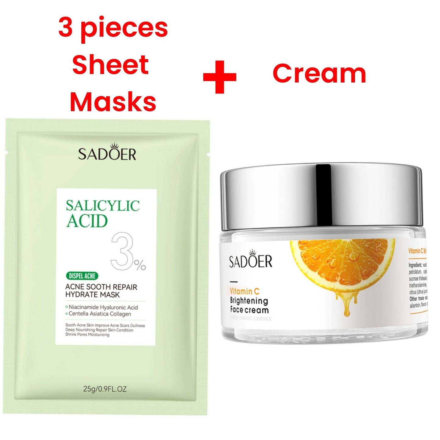 4 in 1 SadoerVitamin C Brightening Face Cream + 3 PCS Salicylic Acid Sheet Masks Moisturizer Vitamin C cream Moisturizing Cream For Radiant Skin Acne Repair Hydrate Mask