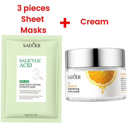 4 in 1 SadoerVitamin C Brightening Face Cream + 3 PCS Salicylic Acid Sheet Masks Moisturizer Vitamin C cream Moisturizing Cream For Radiant Skin Acne Repair Hydrate Mask