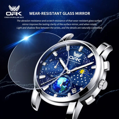 OPK Quartz Watches for Men Starry Sky Display Moon phase Multifunctional Stainless Steel Waterproof Luxury Mens Watch