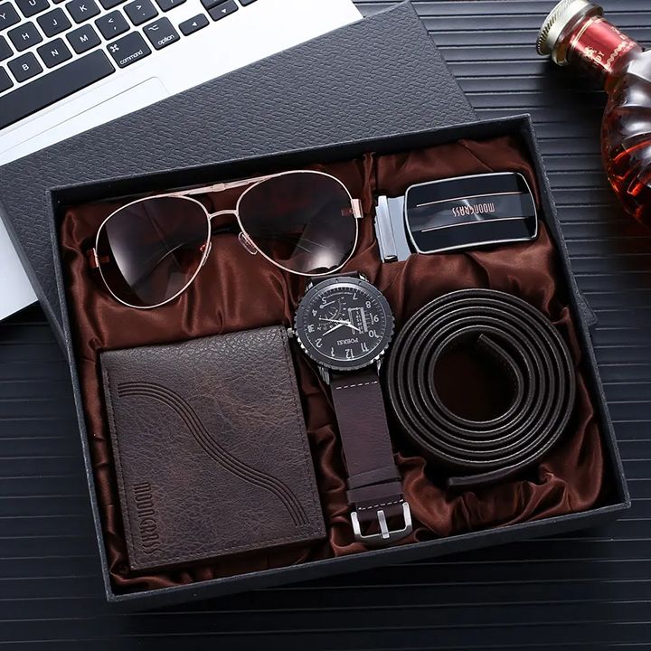 Men Gift Box Set Creative Watches Automatic Buckle Belt Purse Sunglasses Luxury Gifts Set Quartz watch Leather Belt Leather Wallet Creative Holiday Combo Set Christmas Gift Valentines Gifts